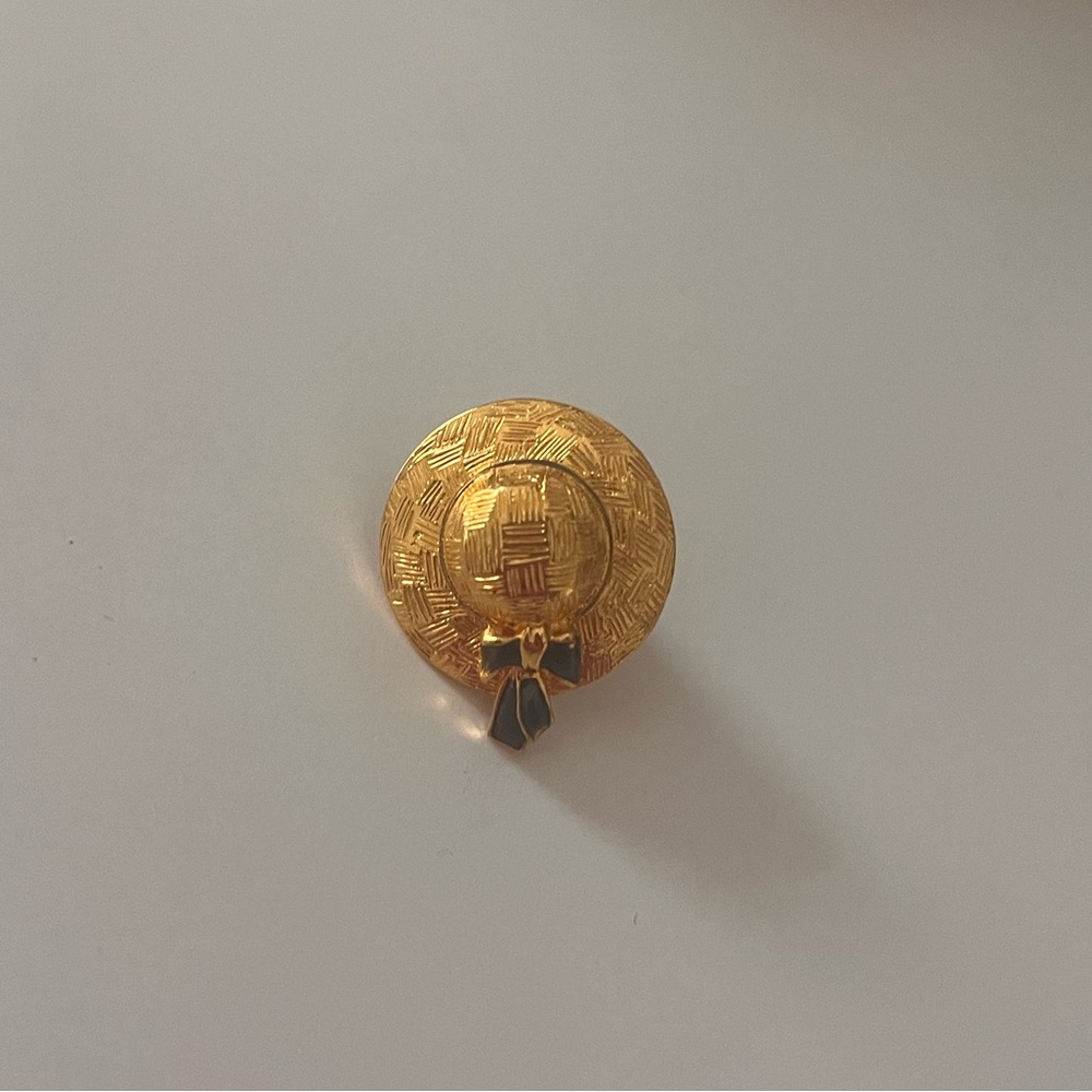 Ladies Gold Toned Etched Hat Brooch with Blue Enamel Bow